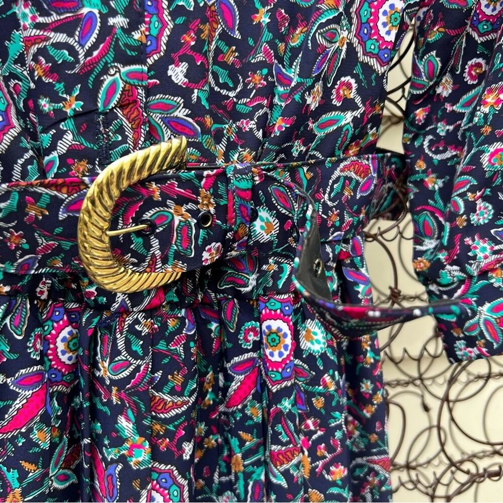 Vintage 80s Breli Floral Paisley Accordion Pleat Dress with Matching Belt - Picture 4 of 10
